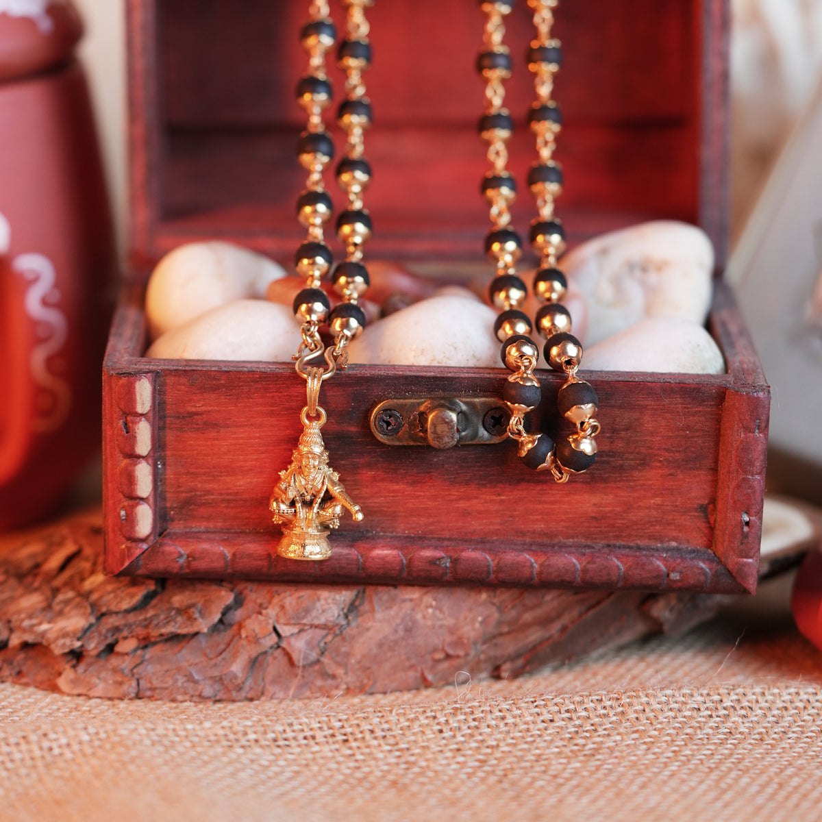 Karungali Maala - 8mm | 54 beads | Pure Panchaloham Madikkanni Capping with plain Ayyappa Pendant