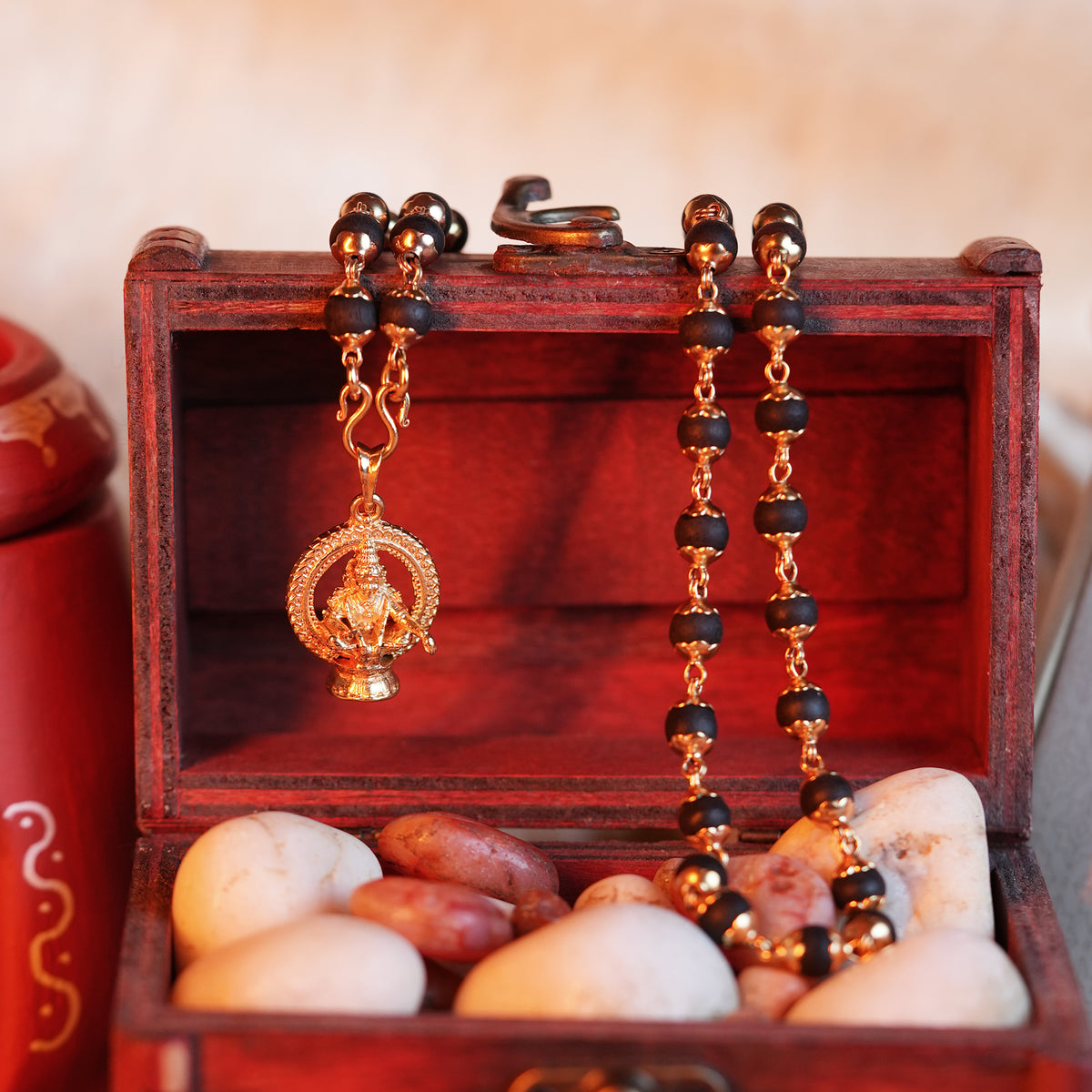 Karungali Maala - 8mm | 54 beads | Pure Panchaloham Madikkanni Capping with Ayyappa Prabha Pendant