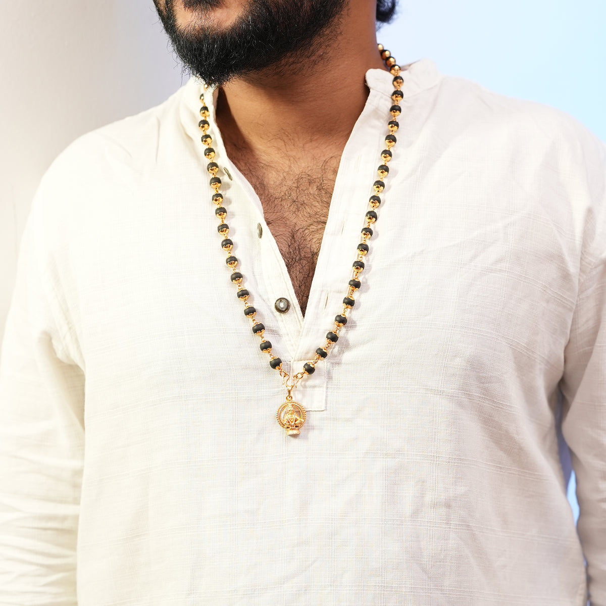 Karungali Maala - 8mm | 54 beads | Pure Panchaloham Madikkanni Capping with Ayyappa Prabha Pendant