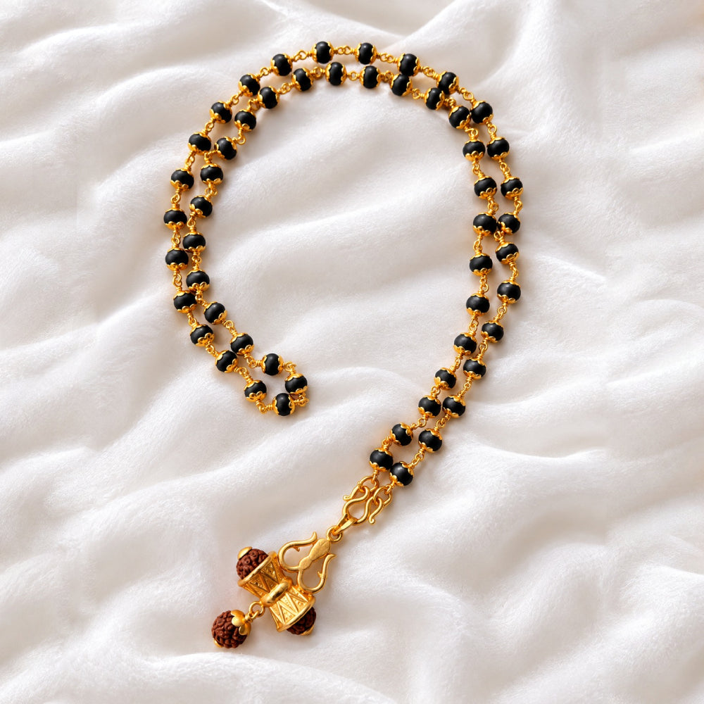 Karungali Mala 6mm 54 Beads Pinnikettu With Panchaloham Damaru Rudraksha Pendant