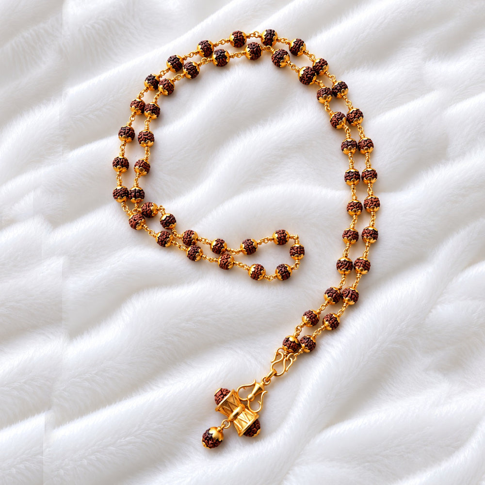 Rudraksha Mala 6mm 54 Beads Pinnikett With Panchaloham Damaru Rudraksha Pendant