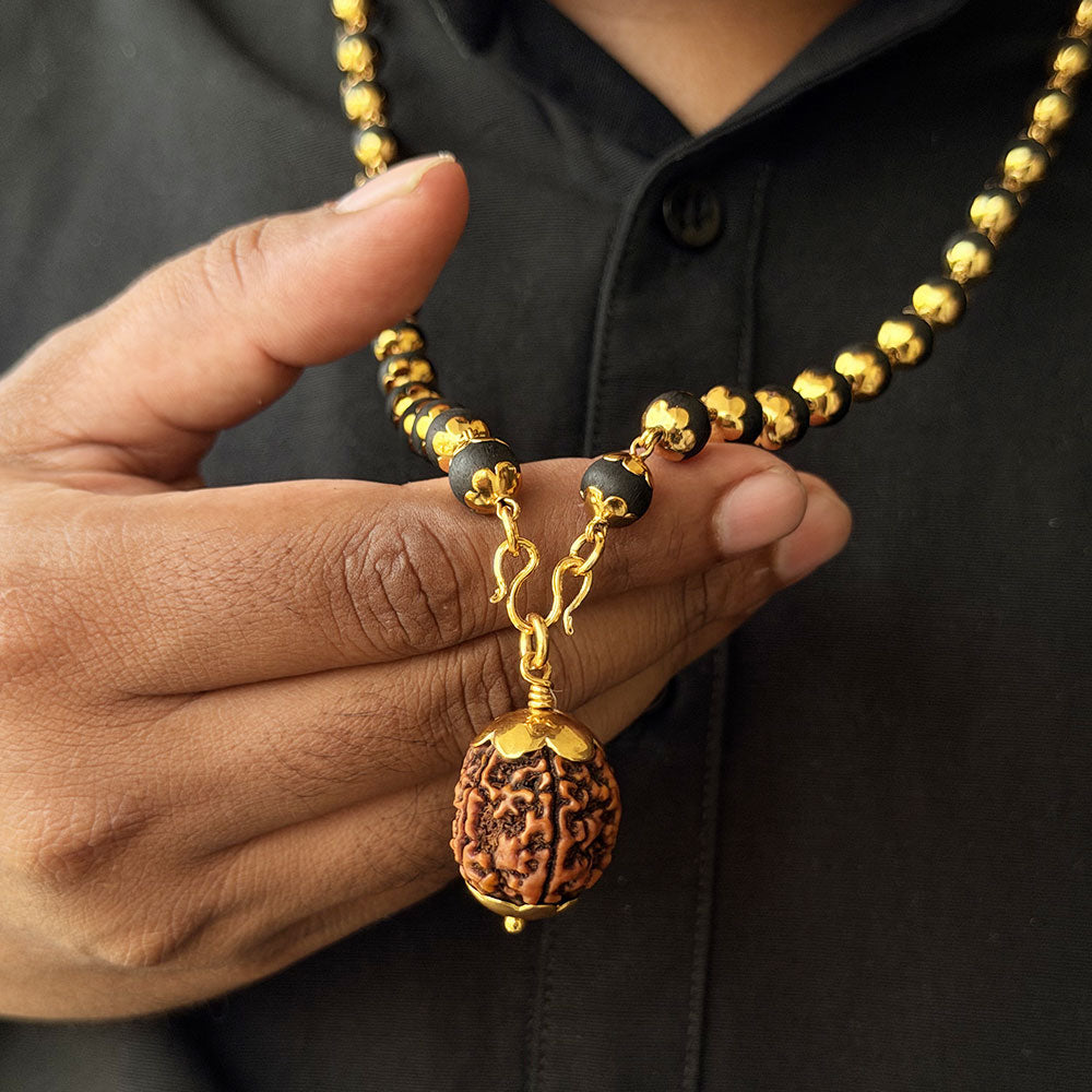 Karungali Maala - 8mm | 54 beads | Pure Panchaloham Madikanni Capping with Rudraksha Pendant