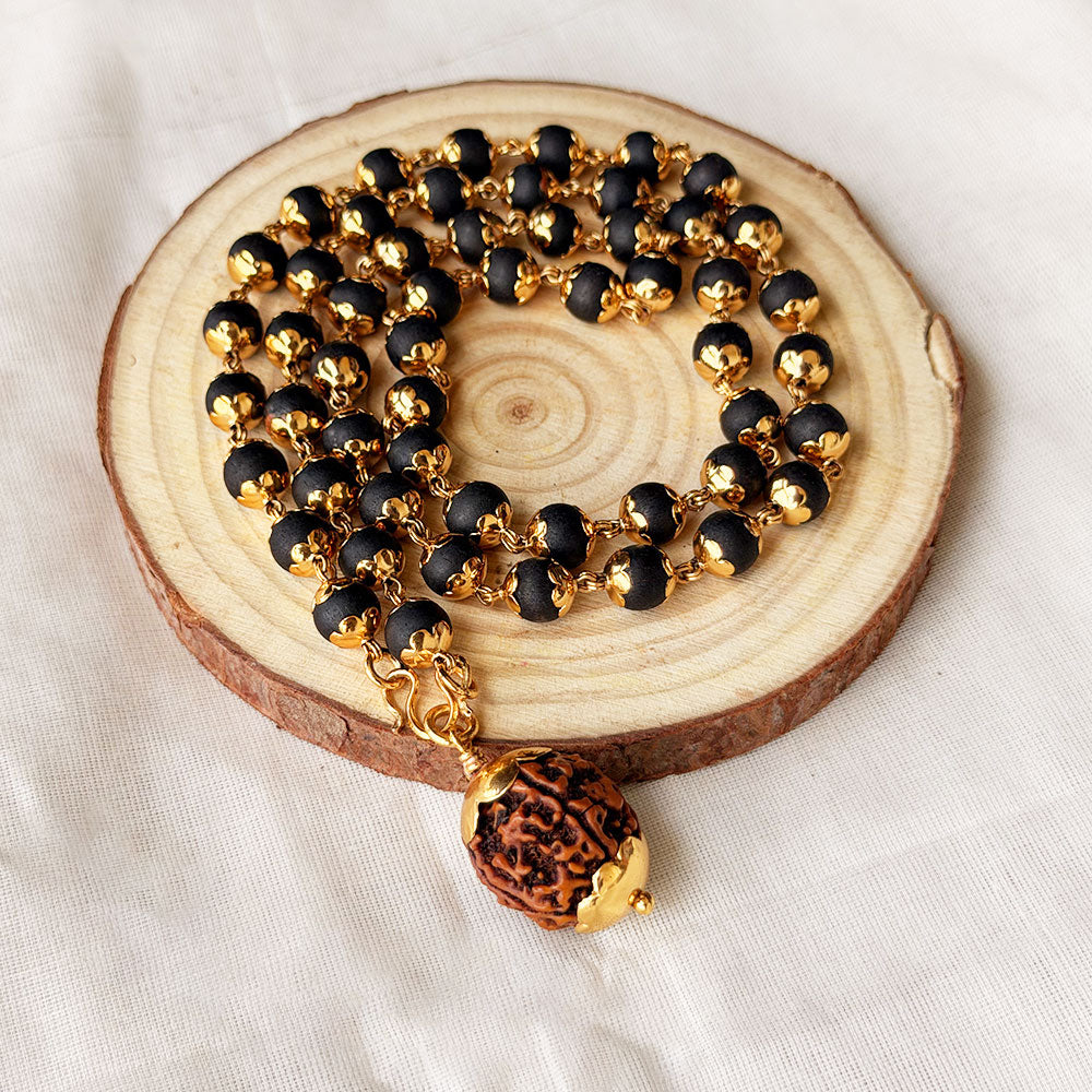 Karungali Maala - 8mm | 54 beads | Pure Panchaloham Madikanni Capping with Rudraksha Pendant