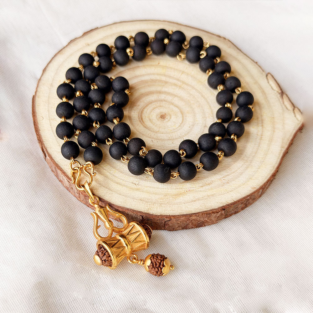 Karungali Maala - 8mm | 54 beads | Pure Panchaloham Madikanni without Capping Damaru Rudraksha Pendant