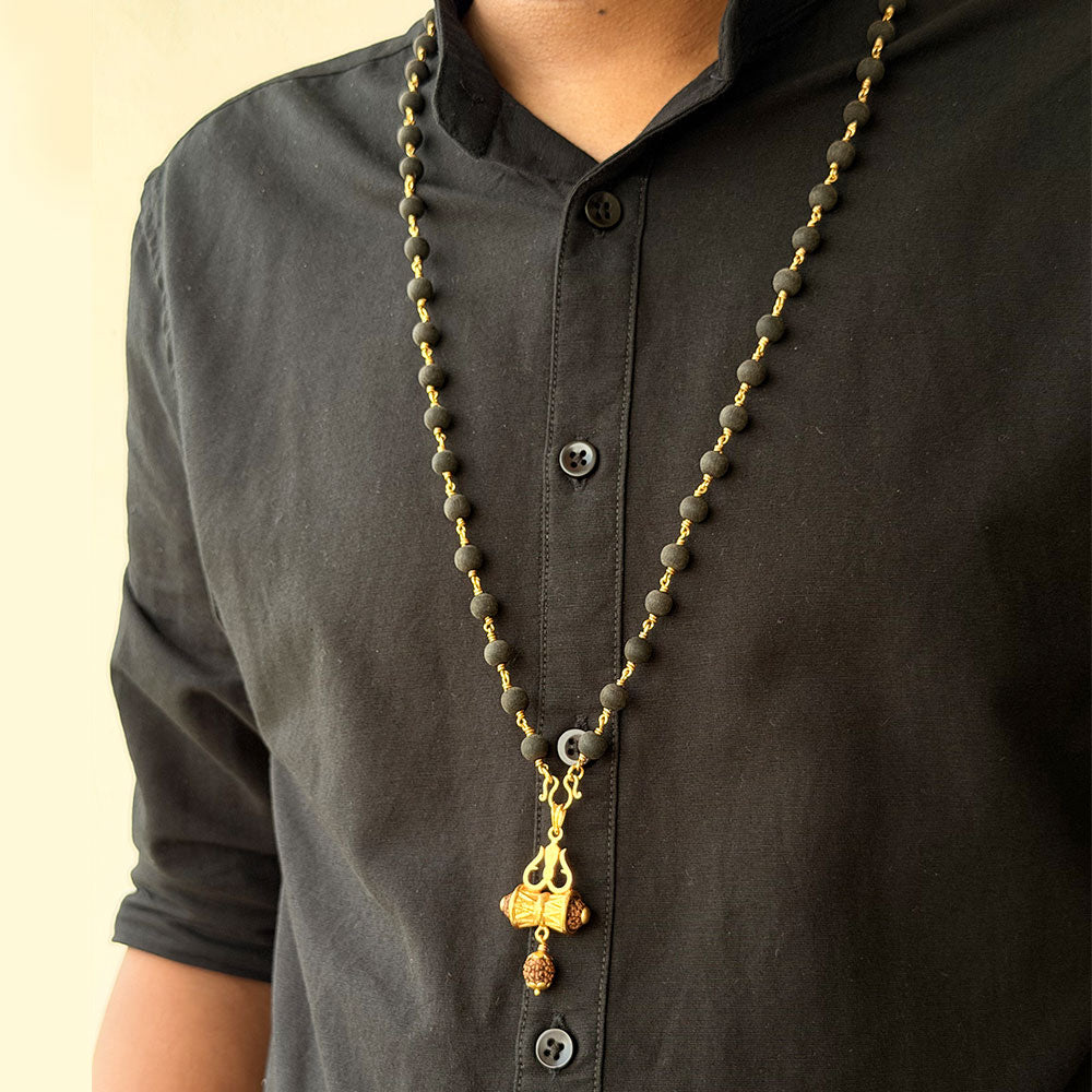 Karungali Maala - 8mm | 54 beads | Pure Panchaloham Pinnikkett without Capping Damaru Rudraksha Pendant