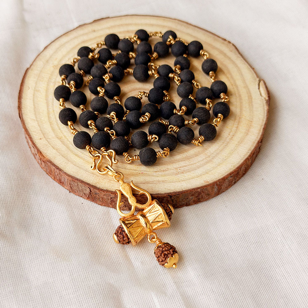 Karungali Maala - 8mm | 54 beads | Pure Panchaloham Pinnikkett without Capping Damaru Rudraksha Pendant