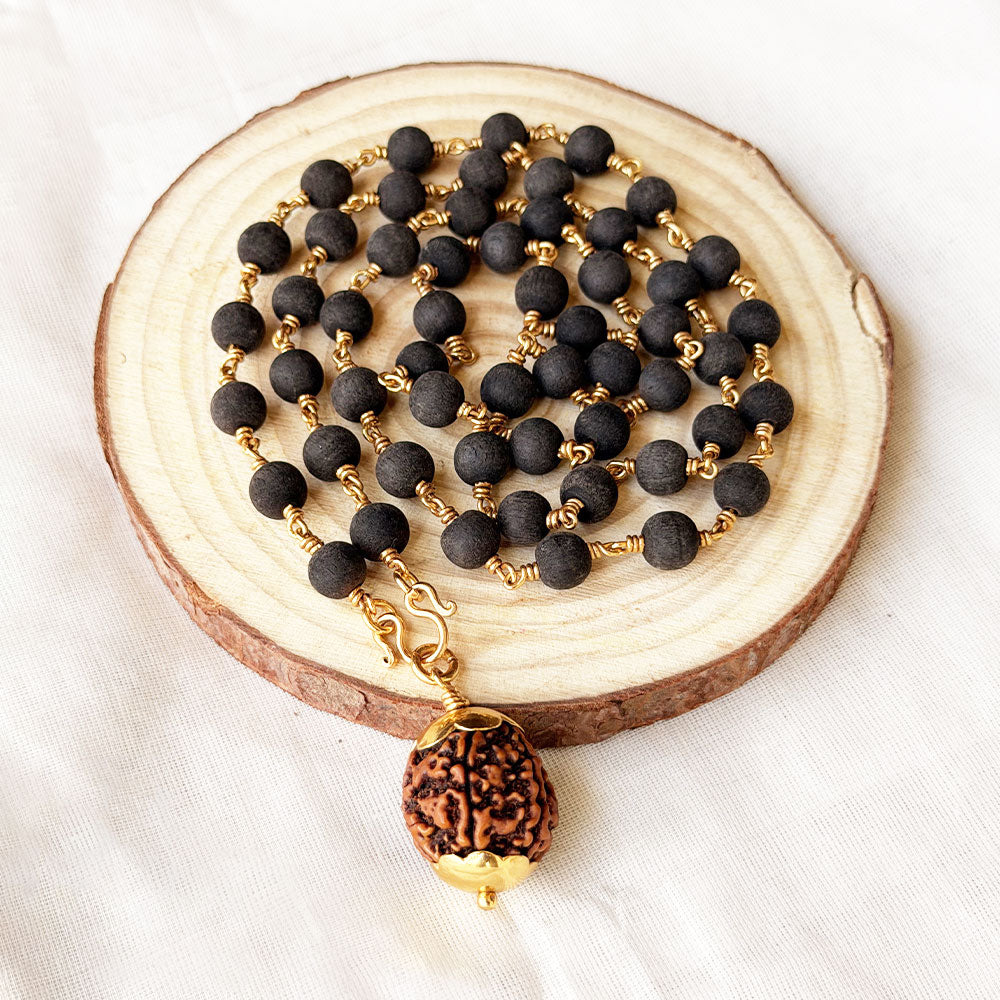 Karungali Maala - 8mm | 54 beads | Pure Panchaloham Pinnikkett without Capping Rudraksha Pendant