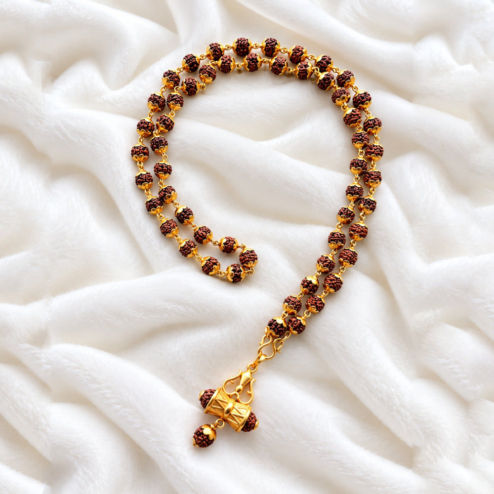Rudraksha Mala 8mm 54 Beads Madikkani With Panchaloham Damaru Rudraksha Pendant