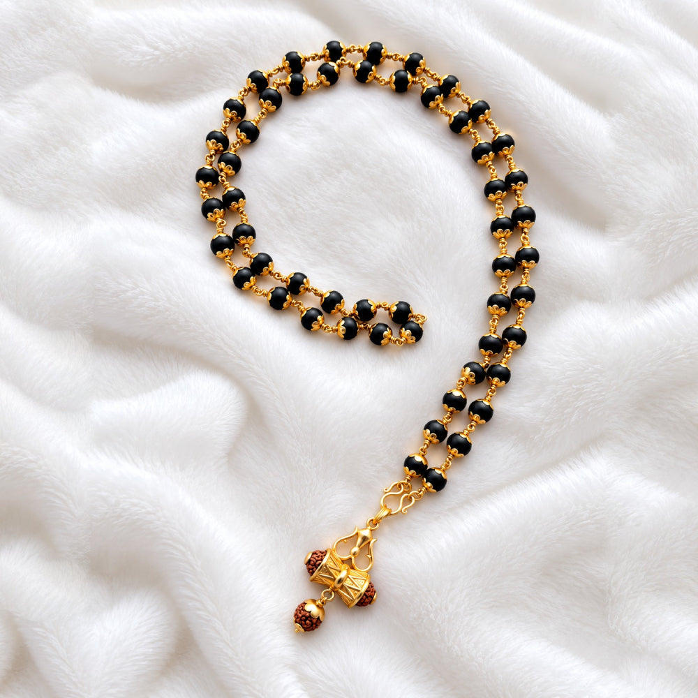 Karungali Mala 8mm 54 Beads Pinnikettu With Panchaloham Damaru Rudraksha Pendant