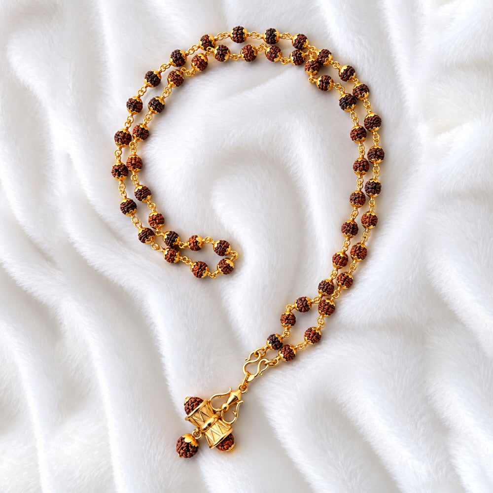 Rudraksha Mala 8mm 54 Beads Pinnikettu With Panchaloham Damaru Rudraksha Pendant