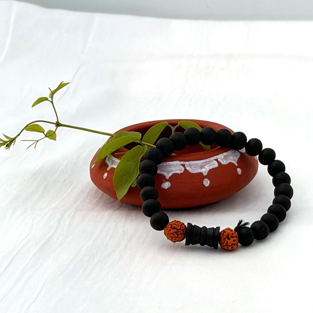 Karungali Energy Bracelet with Rudraksha & Damaru (8mm Beads)