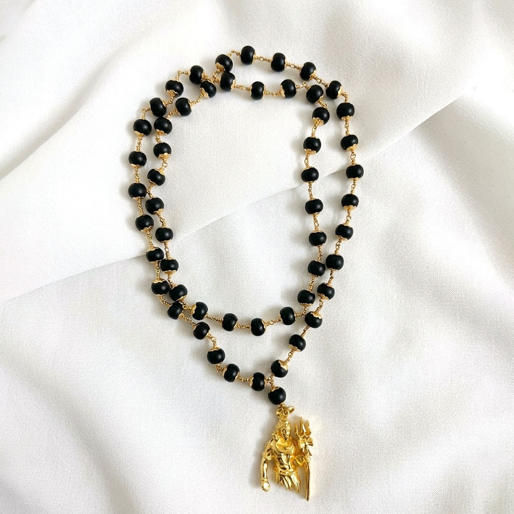 Karungali Mala with Panchaloham Caps & Lord Shiva Trishoola Pendant (6mm, 54 Beads)