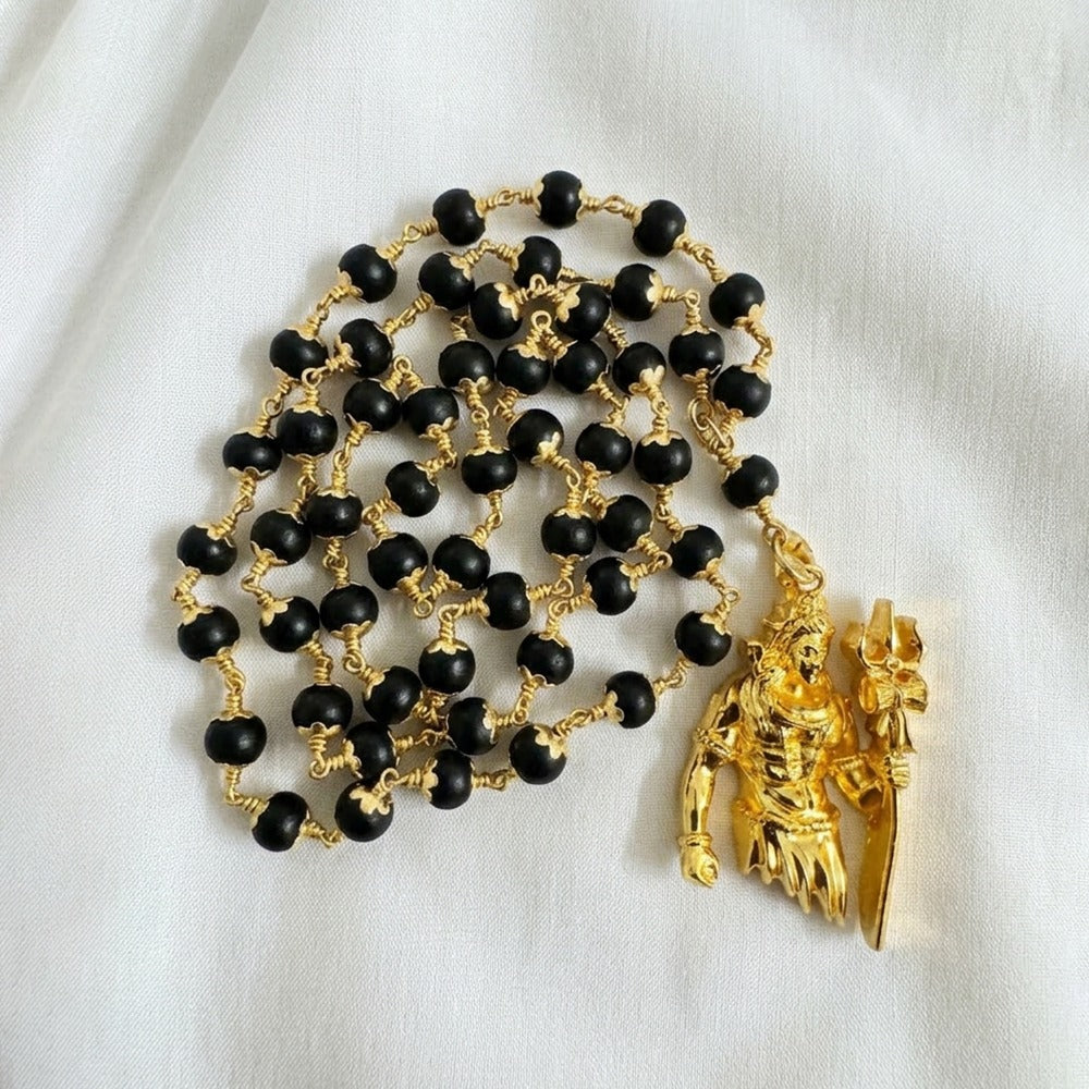 Karungali Mala with Panchaloham Caps & Lord Shiva Trishoola Pendant (8mm, 54 Beads)